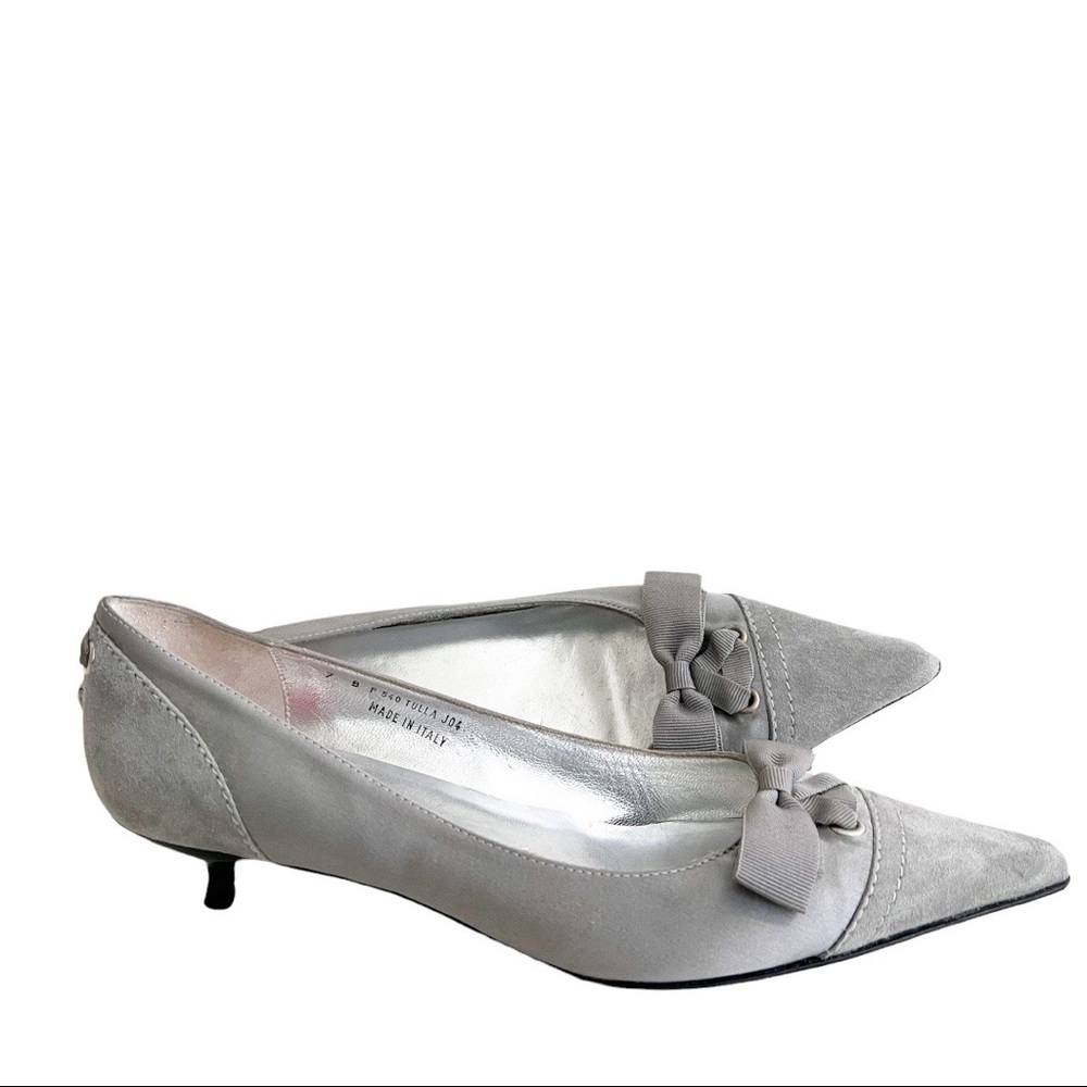 COACH Winnie Gray Suede Leather Pointed Toe Kitten Heel Bow Flats Size 7